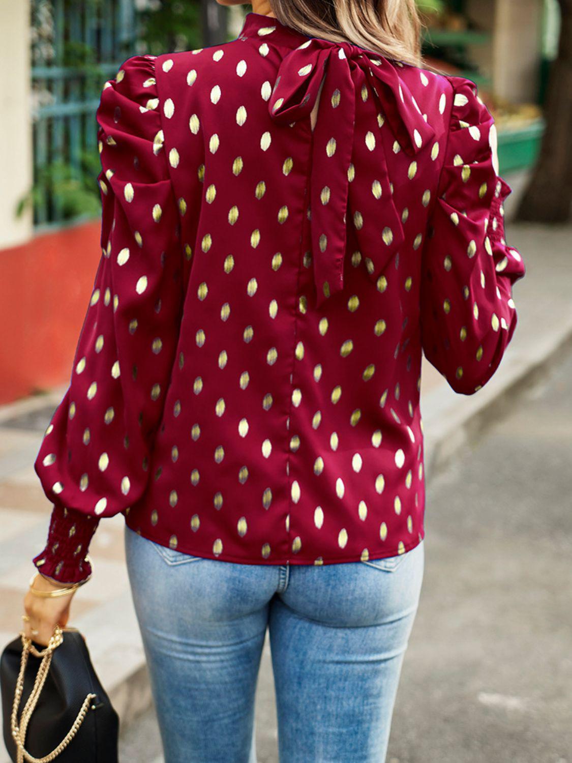 Printed Mock Neck Lantern Sleeve Blouse BLUE ZONE PLANET