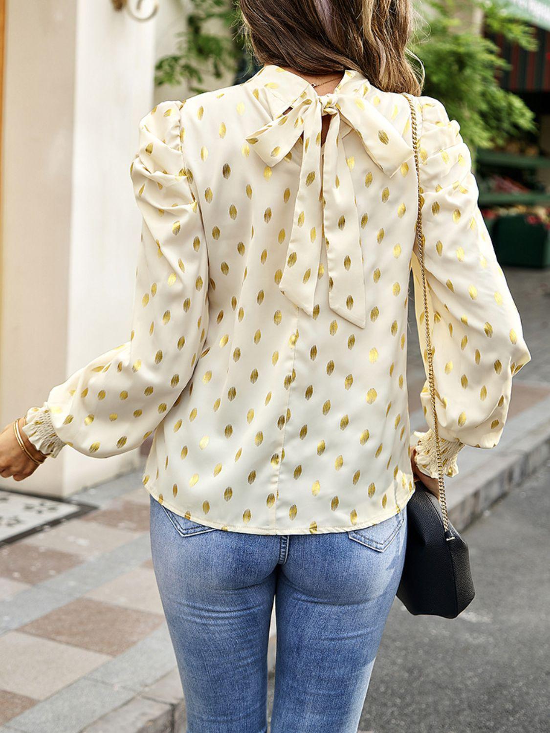 Printed Mock Neck Lantern Sleeve Blouse BLUE ZONE PLANET