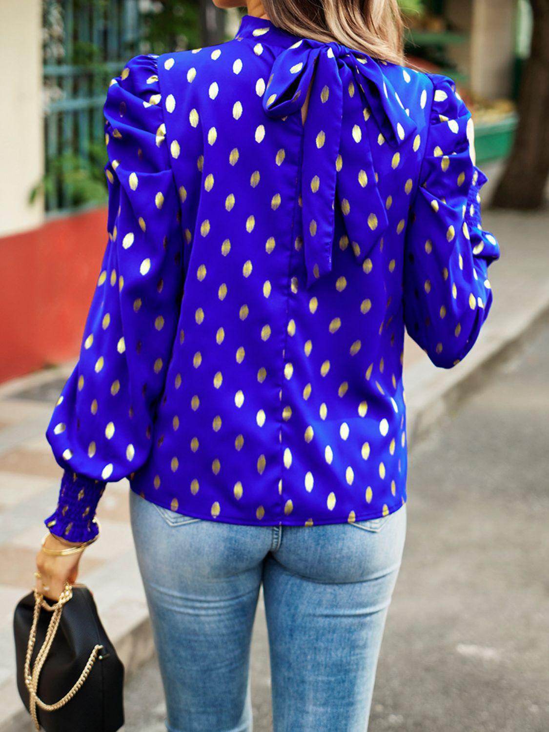 Printed Mock Neck Lantern Sleeve Blouse BLUE ZONE PLANET