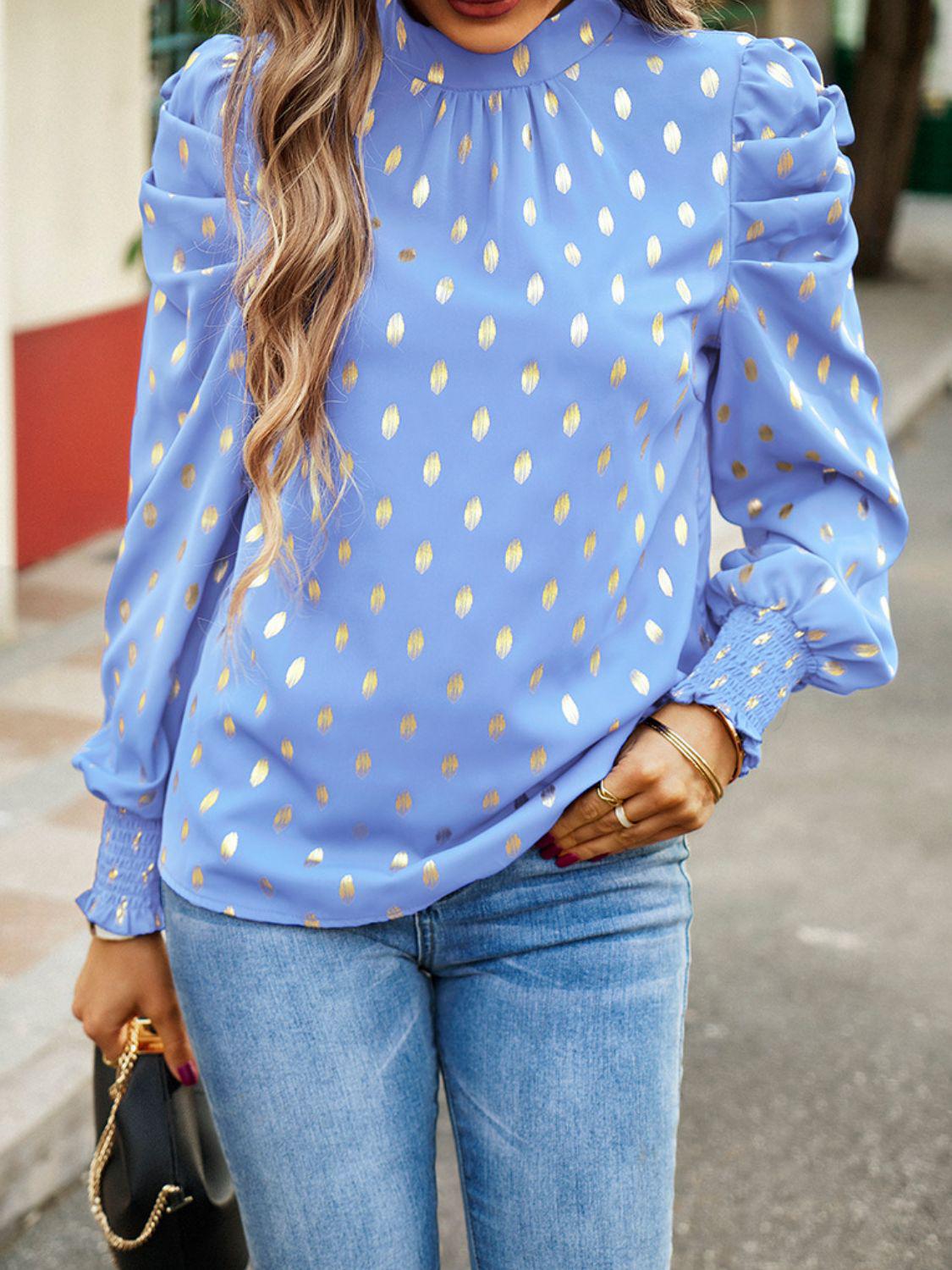 Printed Mock Neck Lantern Sleeve Blouse BLUE ZONE PLANET