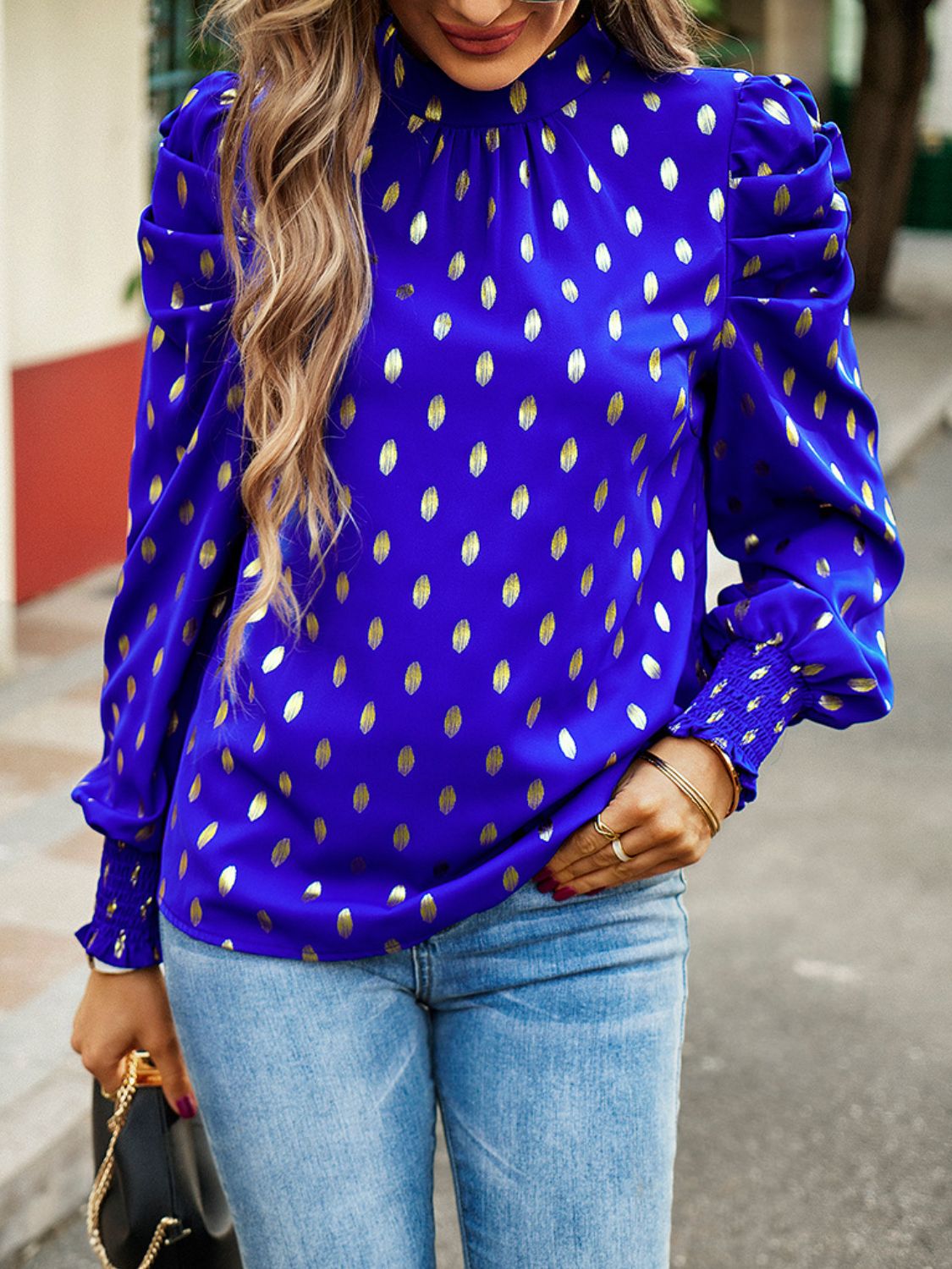 Printed Mock Neck Lantern Sleeve Blouse BLUE ZONE PLANET