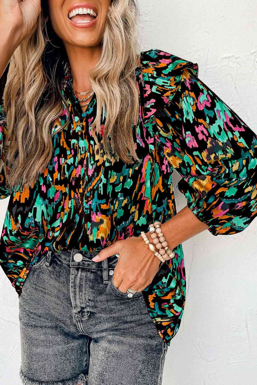 Printed Nochted Neck Ruffled Blouse BLUE ZONE PLANET