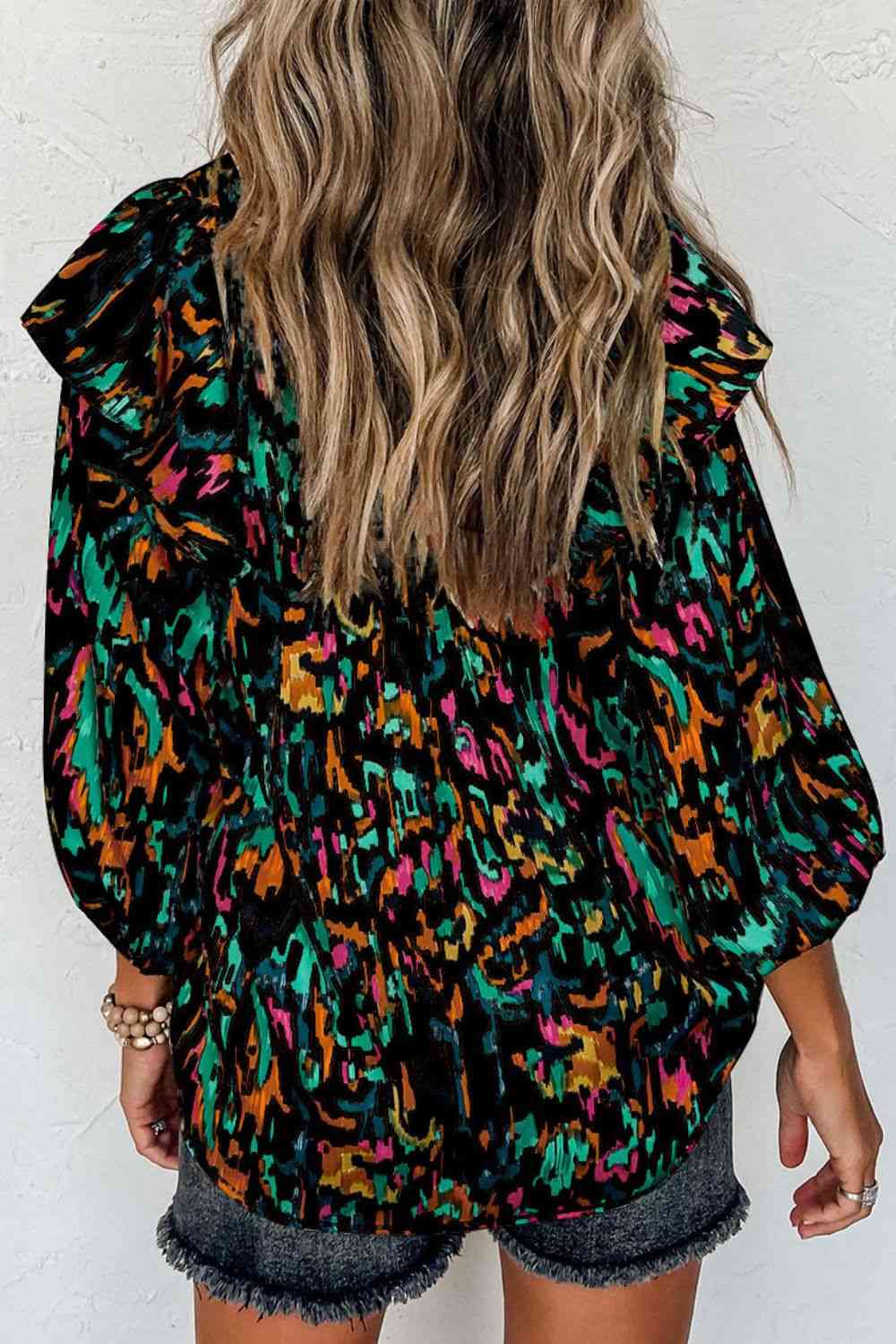 Printed Nochted Neck Ruffled Blouse BLUE ZONE PLANET