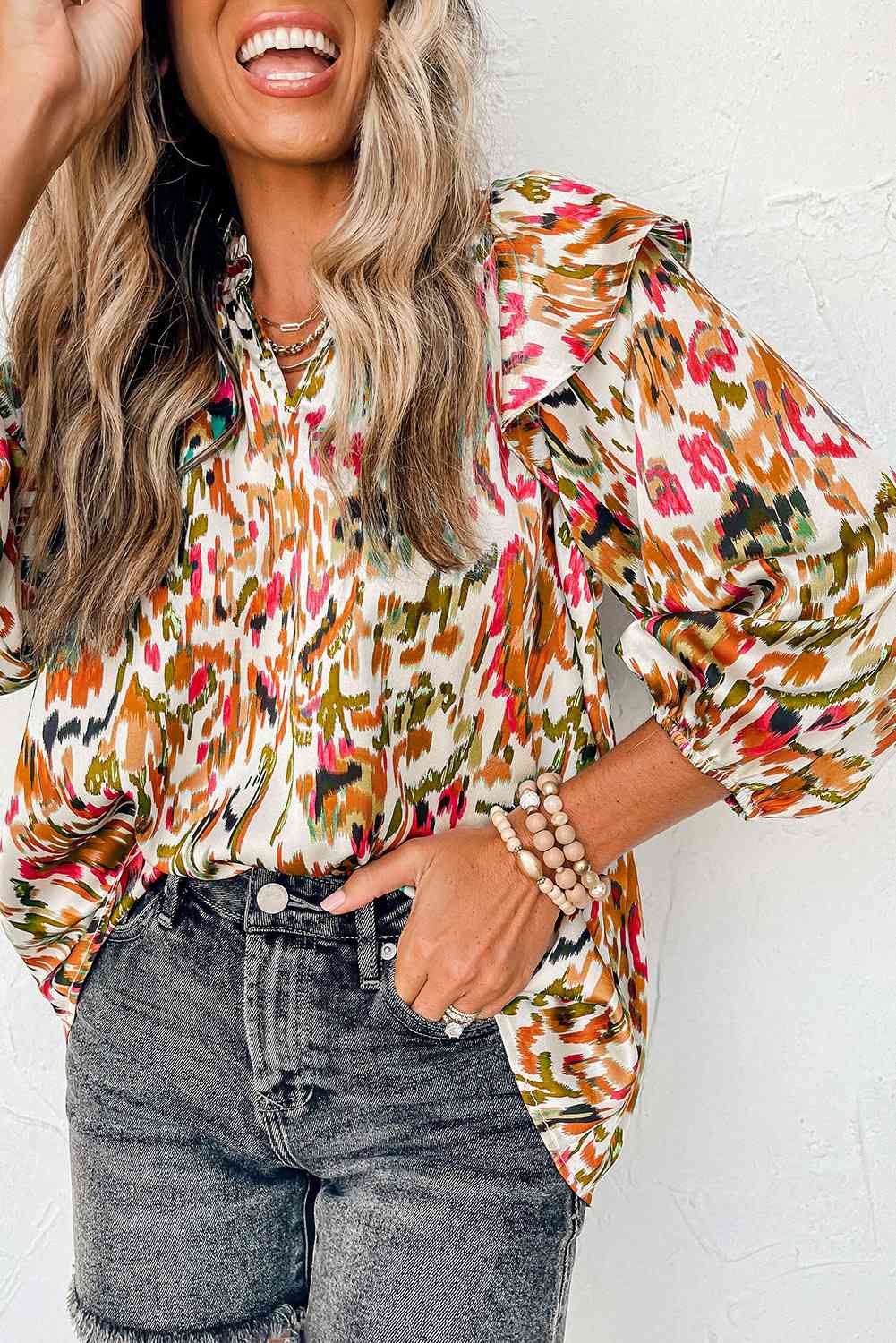 Printed Nochted Neck Ruffled Blouse BLUE ZONE PLANET