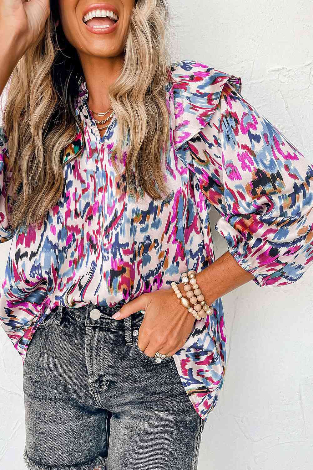 Printed Nochted Neck Ruffled Blouse BLUE ZONE PLANET