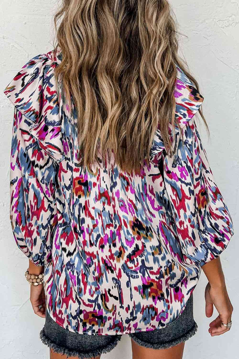 Printed Nochted Neck Ruffled Blouse BLUE ZONE PLANET