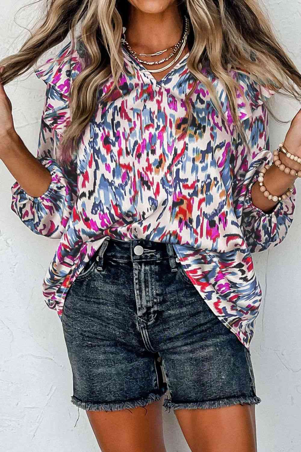 Printed Nochted Neck Ruffled Blouse BLUE ZONE PLANET