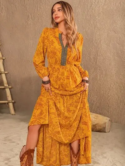 Printed Notched Balloon Sleeve Dress Trendsi