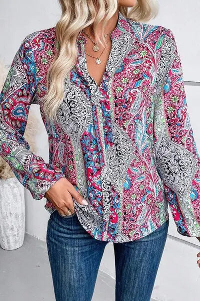 Printed Notched Long Sleeve Shirt BLUE ZONE PLANET