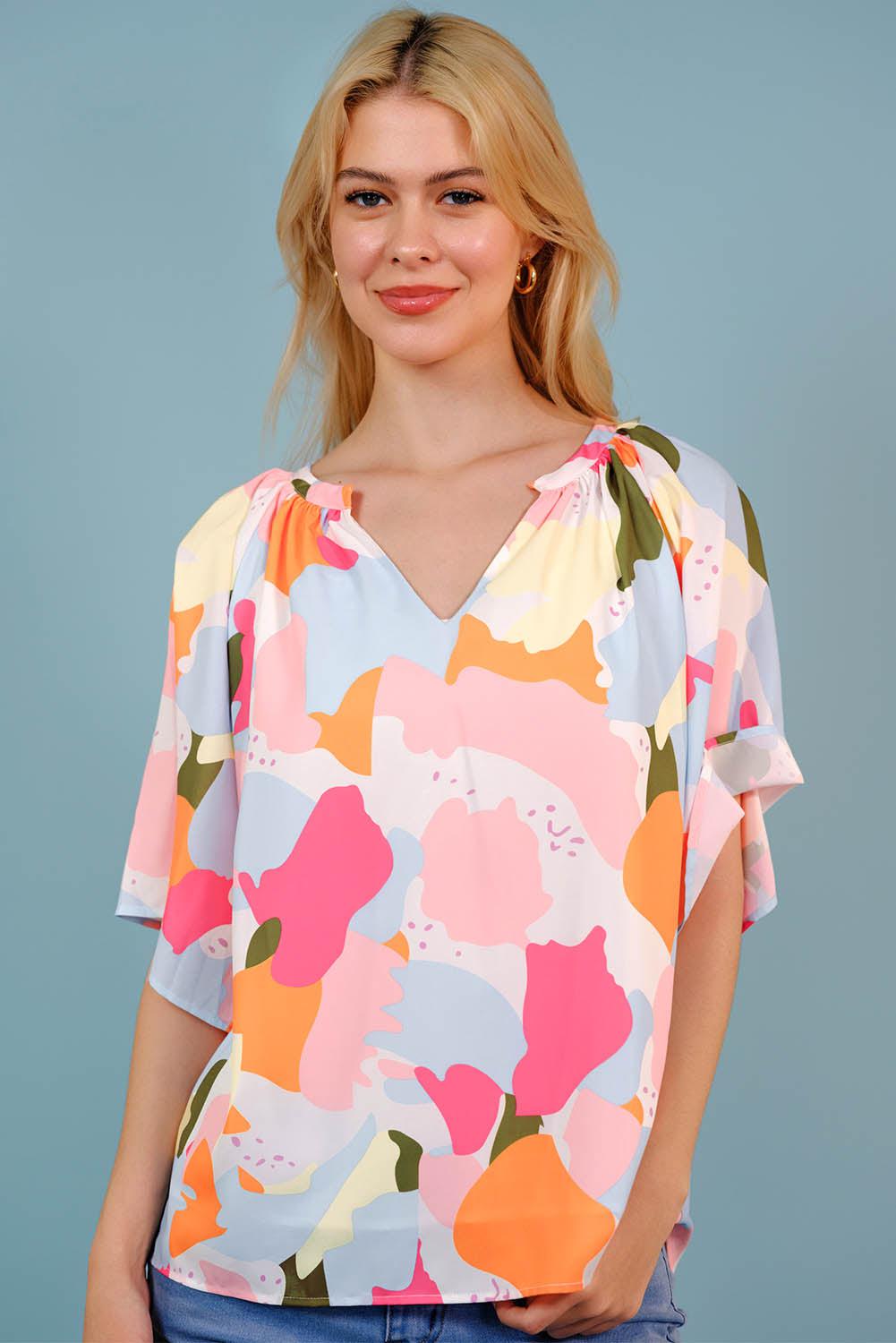 Printed Notched Neck Half Sleeve Blouse BLUE ZONE PLANET