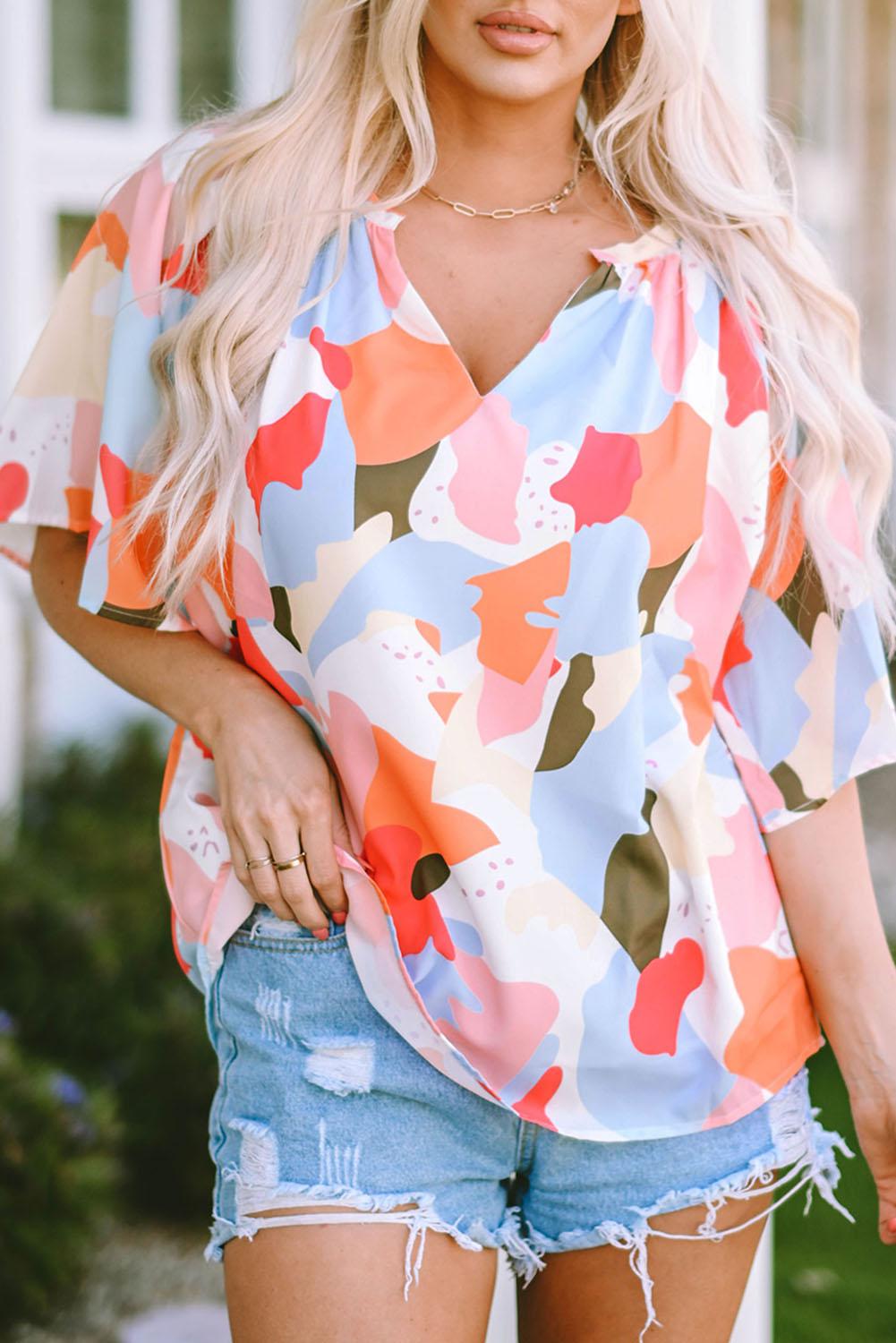 Printed Notched Neck Half Sleeve Blouse BLUE ZONE PLANET