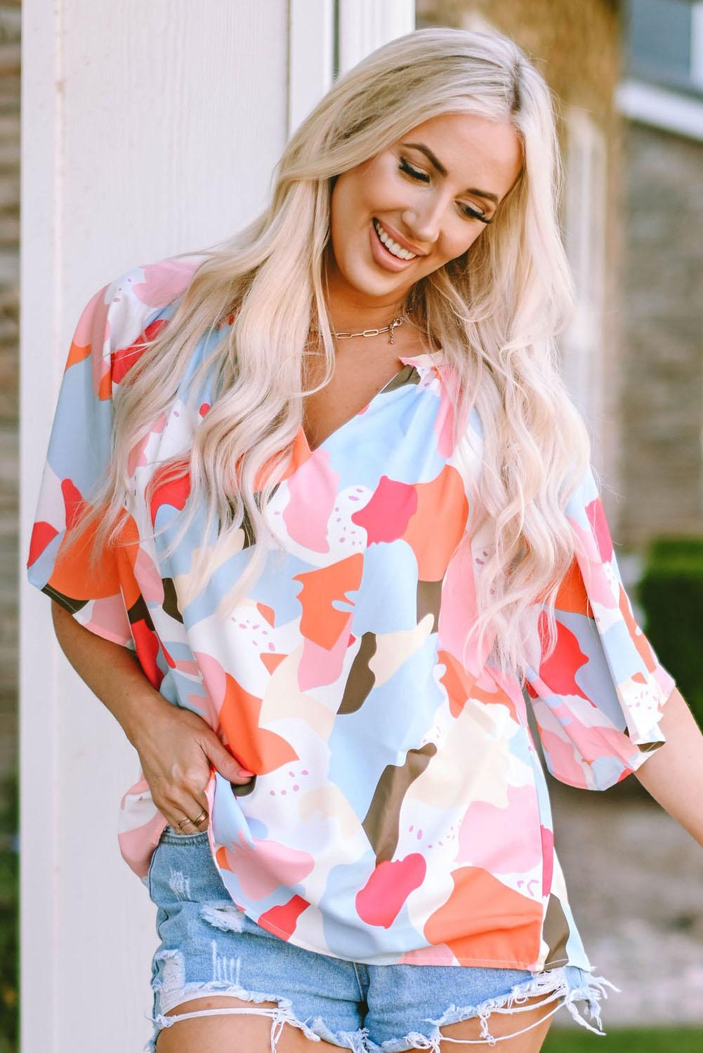 Printed Notched Neck Half Sleeve Blouse BLUE ZONE PLANET