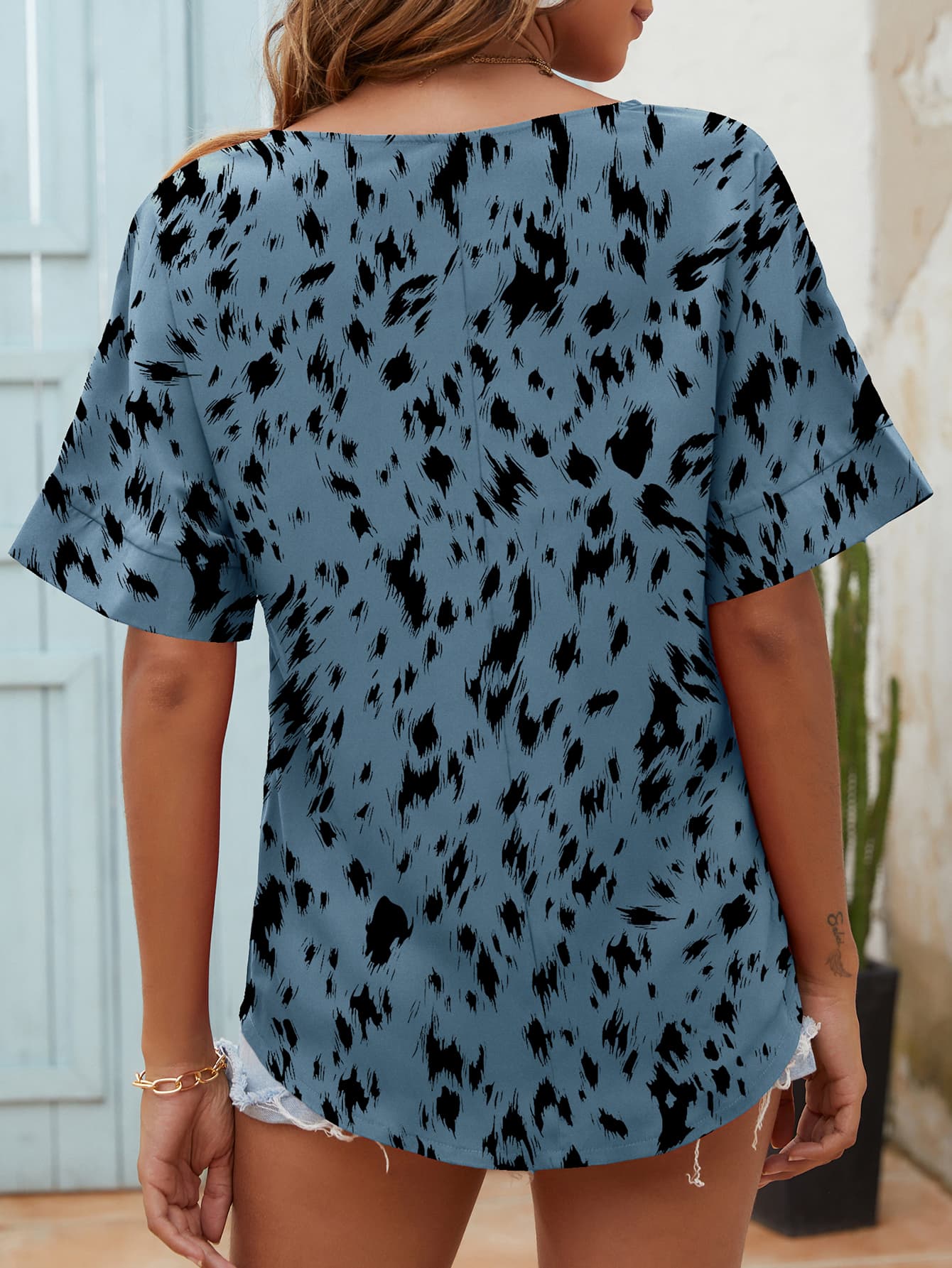 Printed Notched Neck Half Sleeve Blouse BLUE ZONE PLANET