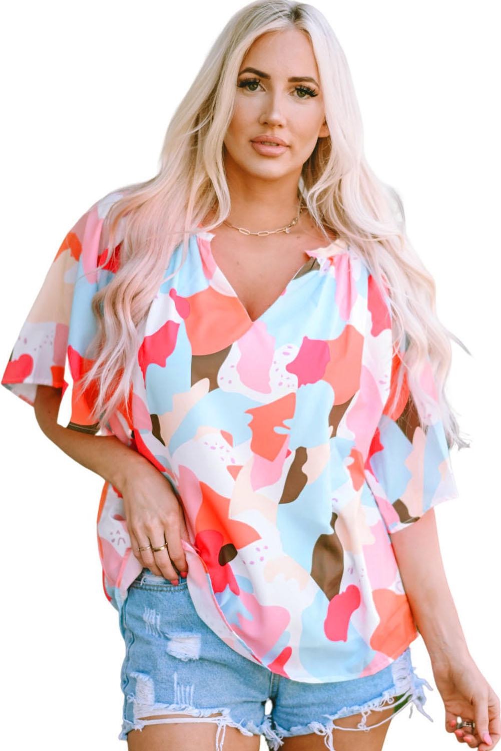 Printed Notched Neck Half Sleeve Blouse BLUE ZONE PLANET