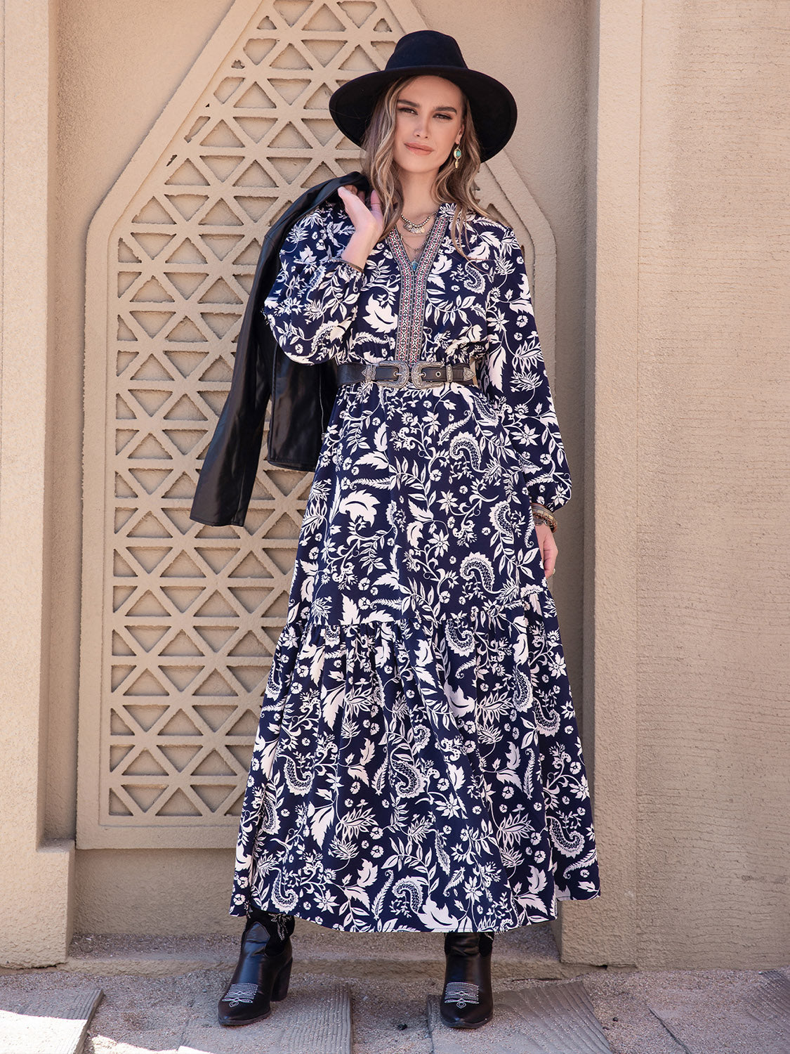 Printed Notched Neck Maxi Dress BLUE ZONE PLANET