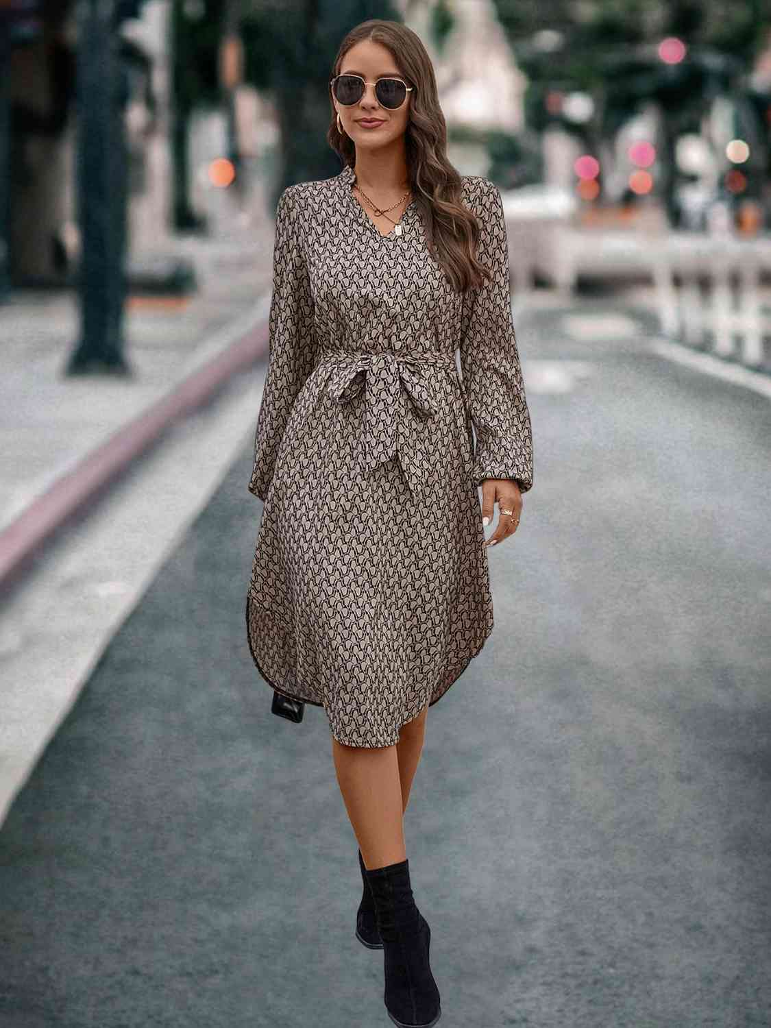 Printed Notched Tie Front Long Sleeve Dress BLUE ZONE PLANET