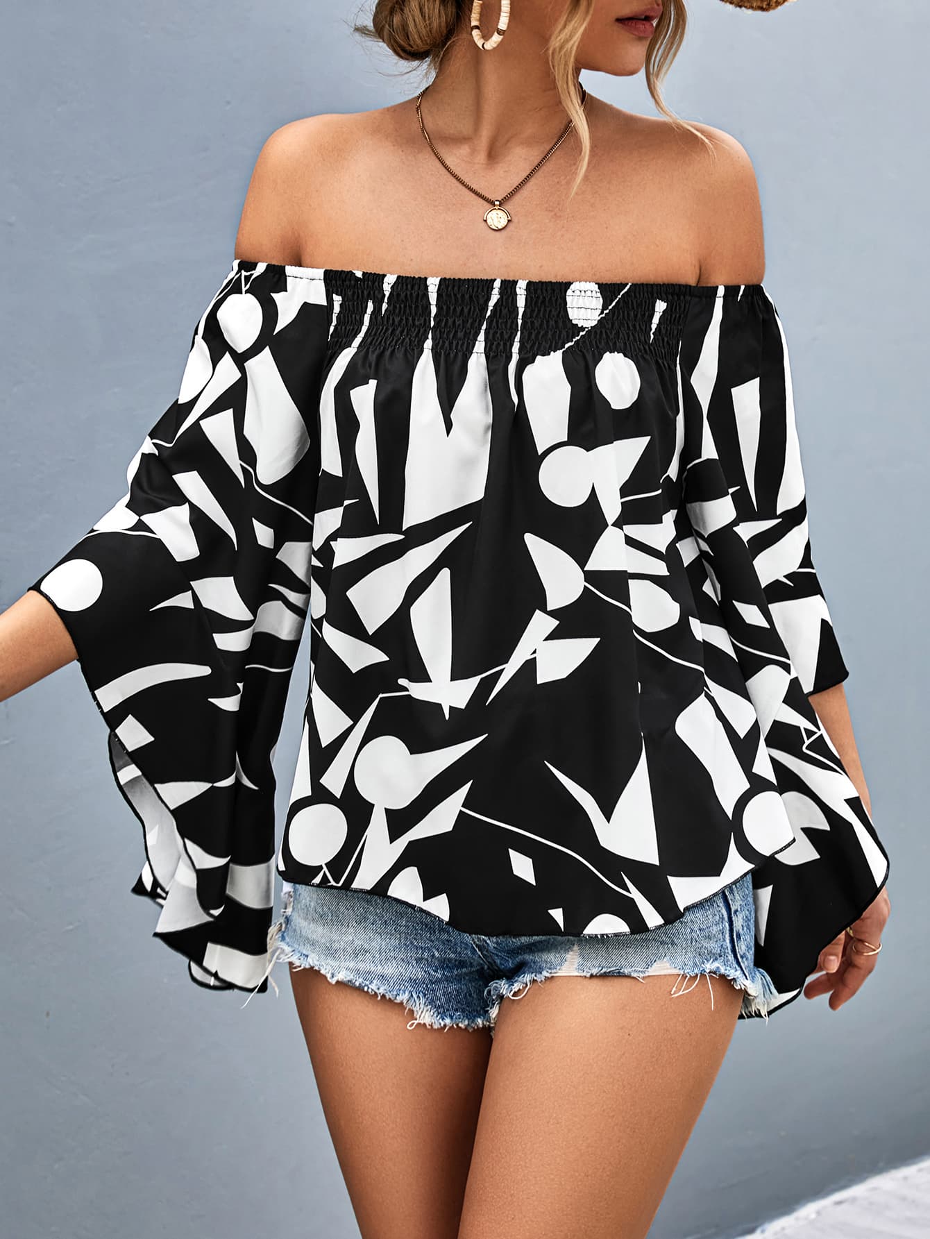 Printed Off-Shoulder Bell Sleeve Blouse BLUE ZONE PLANET