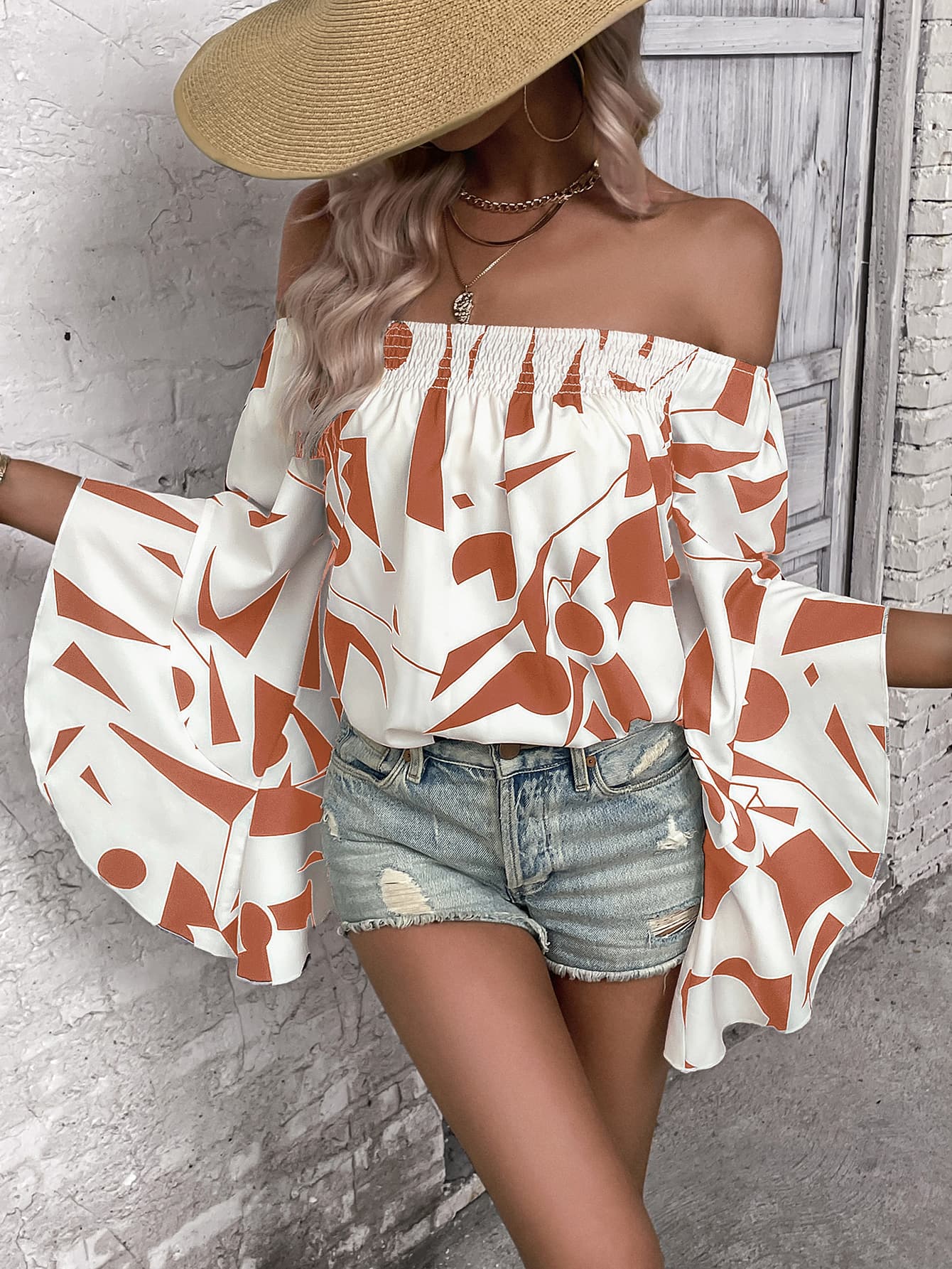 Printed Off-Shoulder Bell Sleeve Blouse BLUE ZONE PLANET