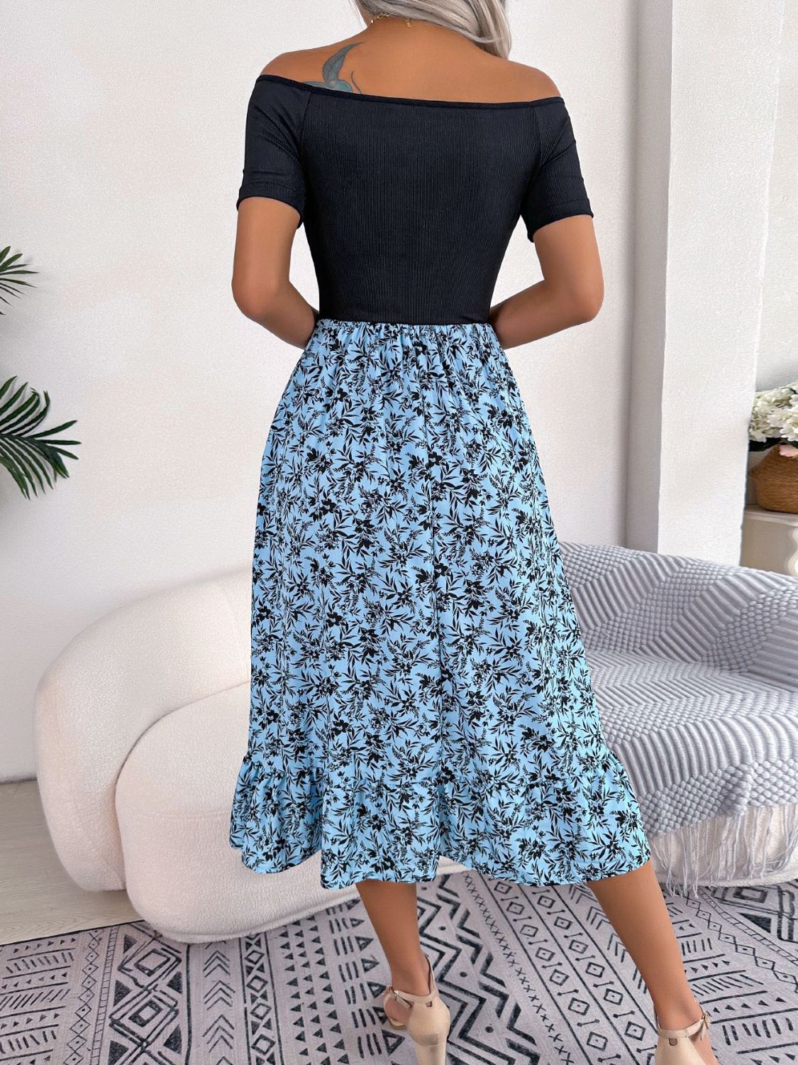 Printed Off-Shoulder Ruffle Hem Dress BLUE ZONE PLANET