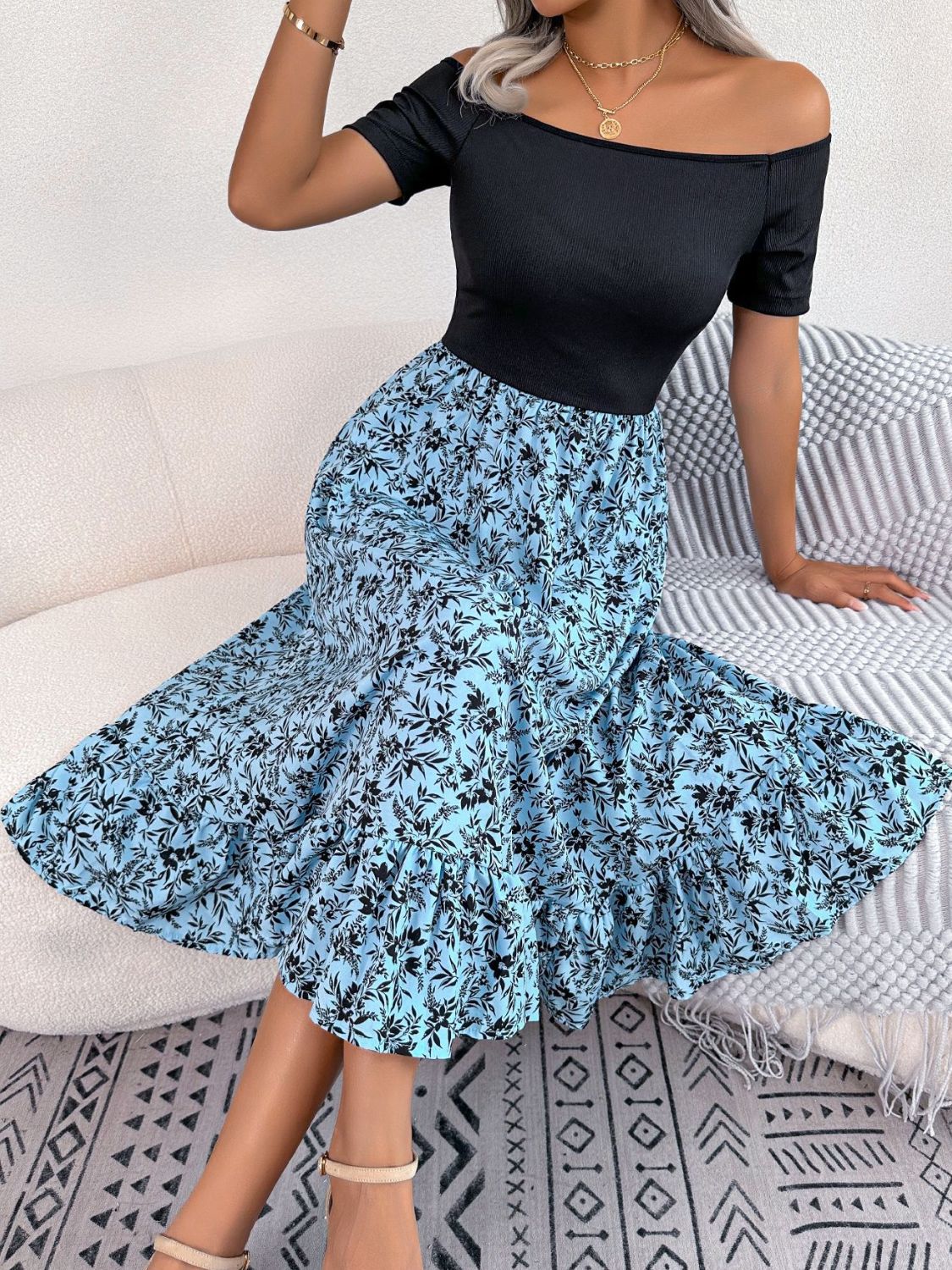 Printed Off-Shoulder Ruffle Hem Dress BLUE ZONE PLANET