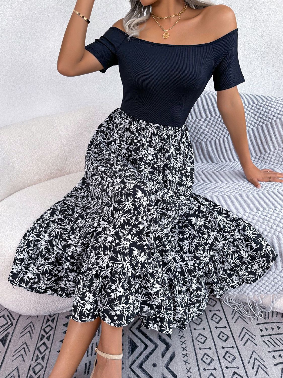 Printed Off-Shoulder Ruffle Hem Dress BLUE ZONE PLANET