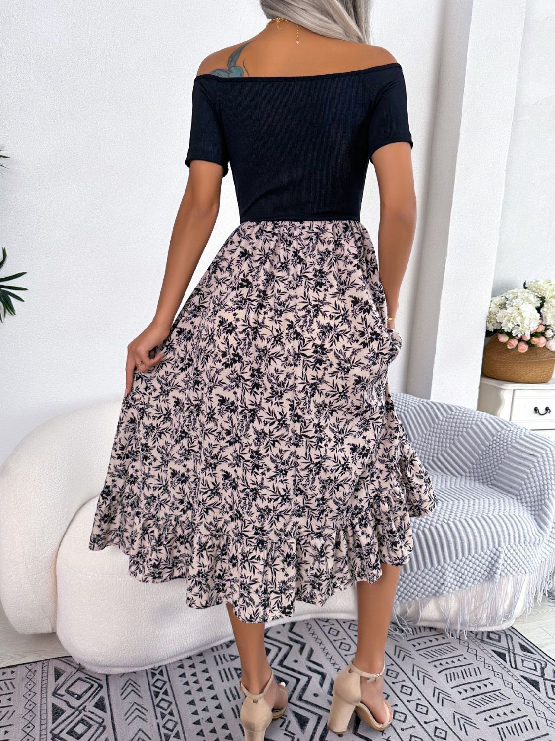 Printed Off-Shoulder Ruffle Hem Dress BLUE ZONE PLANET