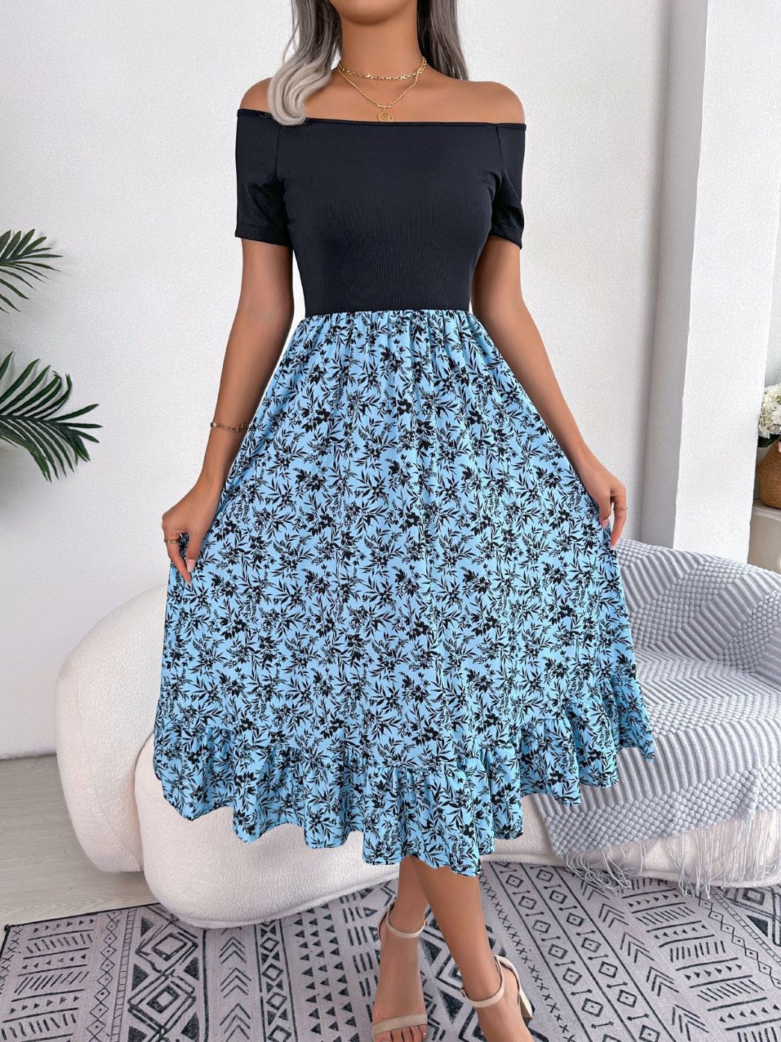 Printed Off-Shoulder Ruffle Hem Dress BLUE ZONE PLANET