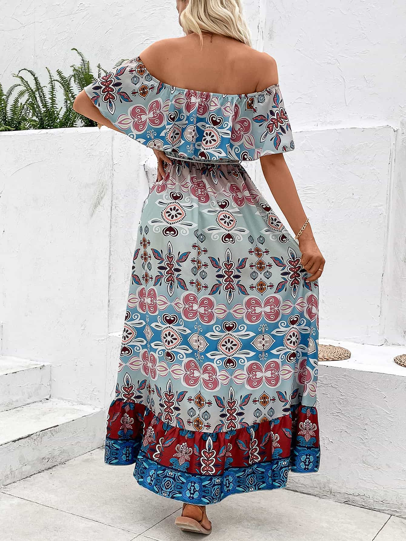 Off shoulder floral print slit maxi dress sale