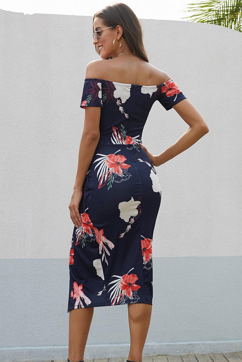 Printed Off-Shoulder Slit Midi Dress BLUE ZONE PLANET