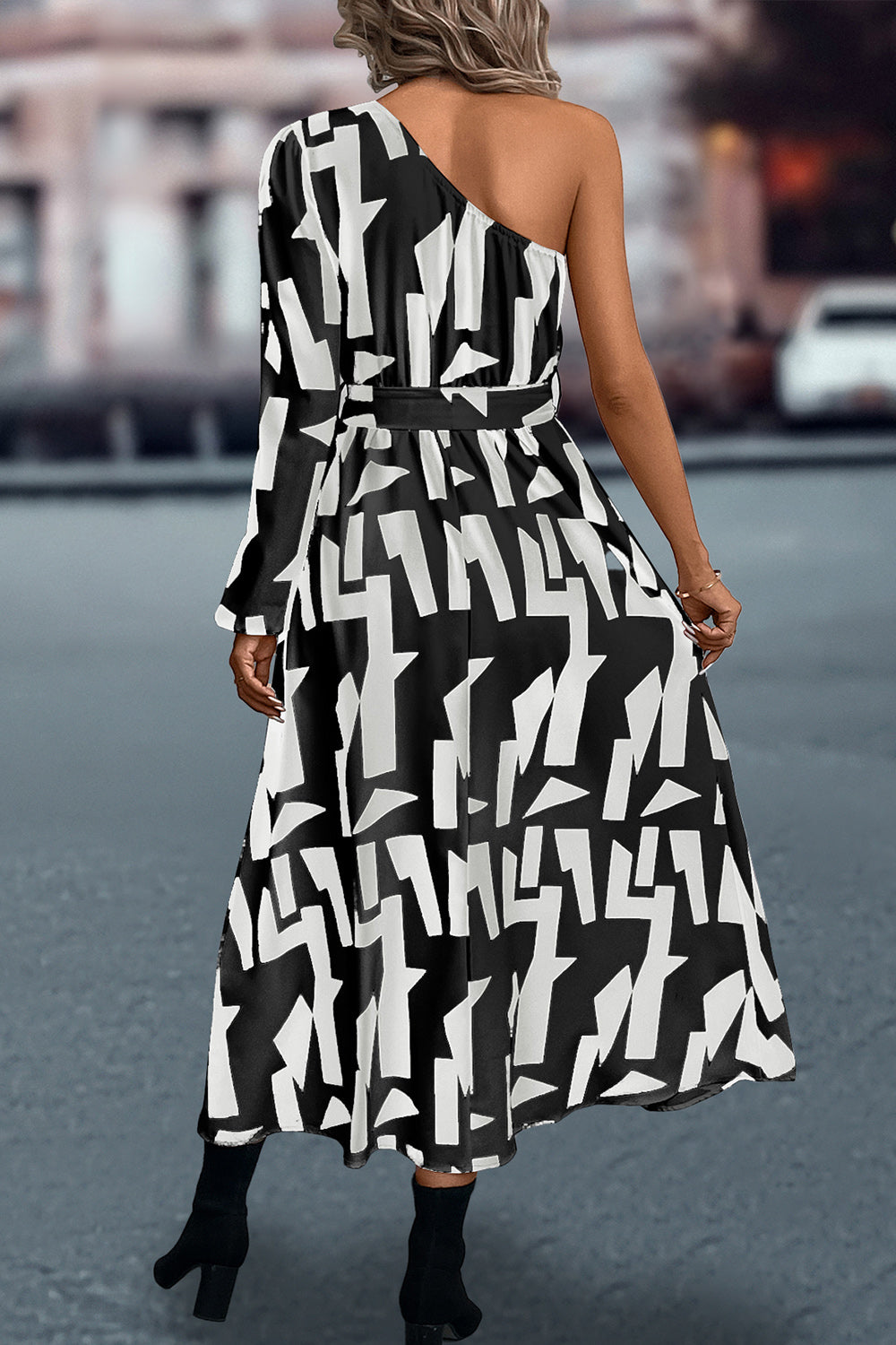 Printed One-Shoulder Tie Waist Dress BLUE ZONE PLANET