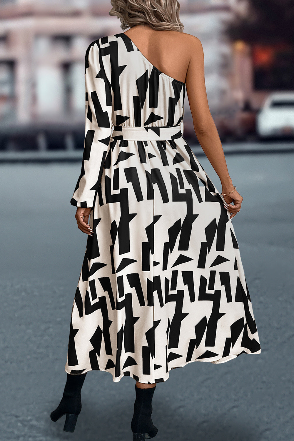 Printed One-Shoulder Tie Waist Dress BLUE ZONE PLANET