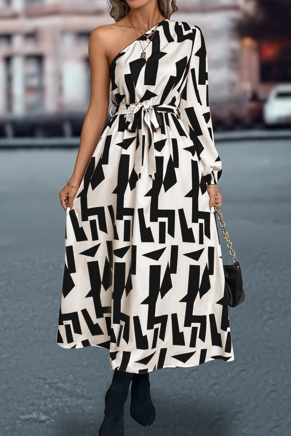 Printed One-Shoulder Tie Waist Dress BLUE ZONE PLANET