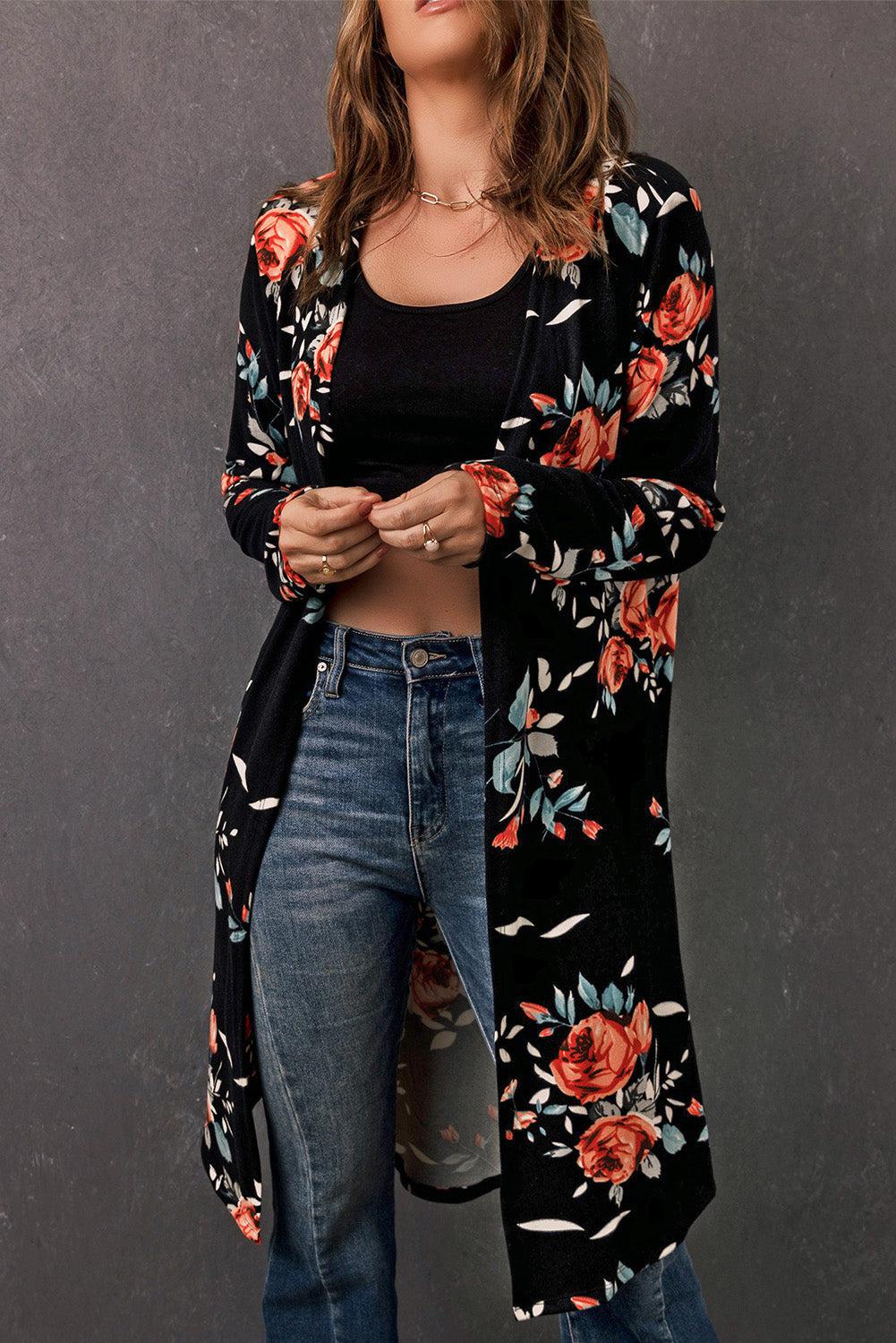 Printed Open Front Longline Cardigan BLUE ZONE PLANET