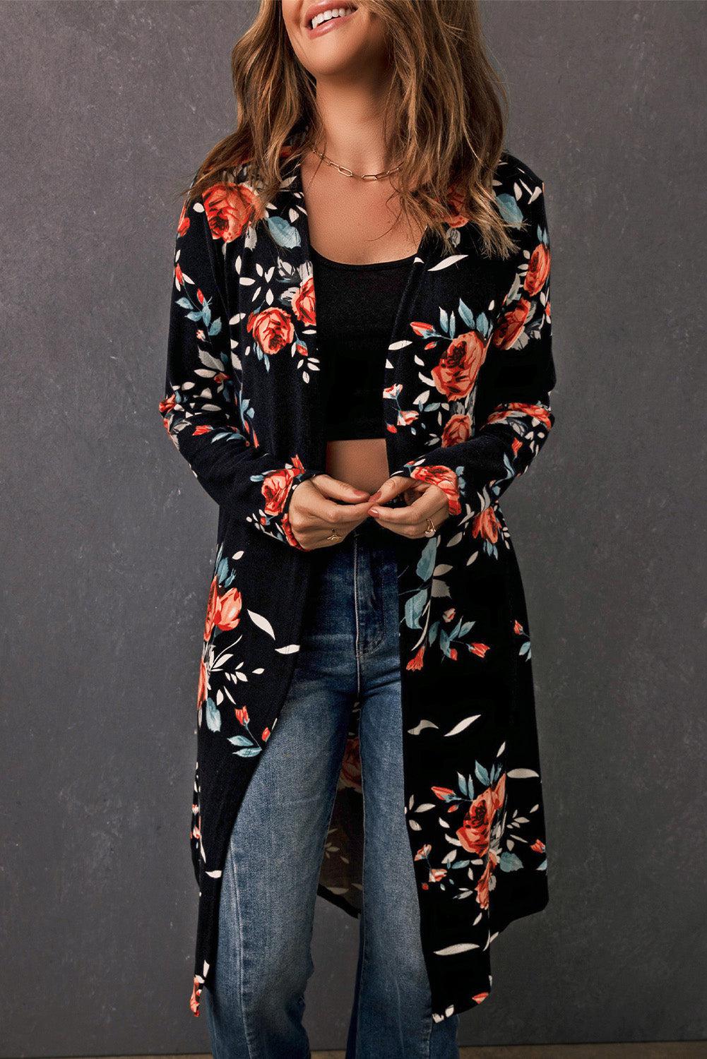 Printed Open Front Longline Cardigan BLUE ZONE PLANET