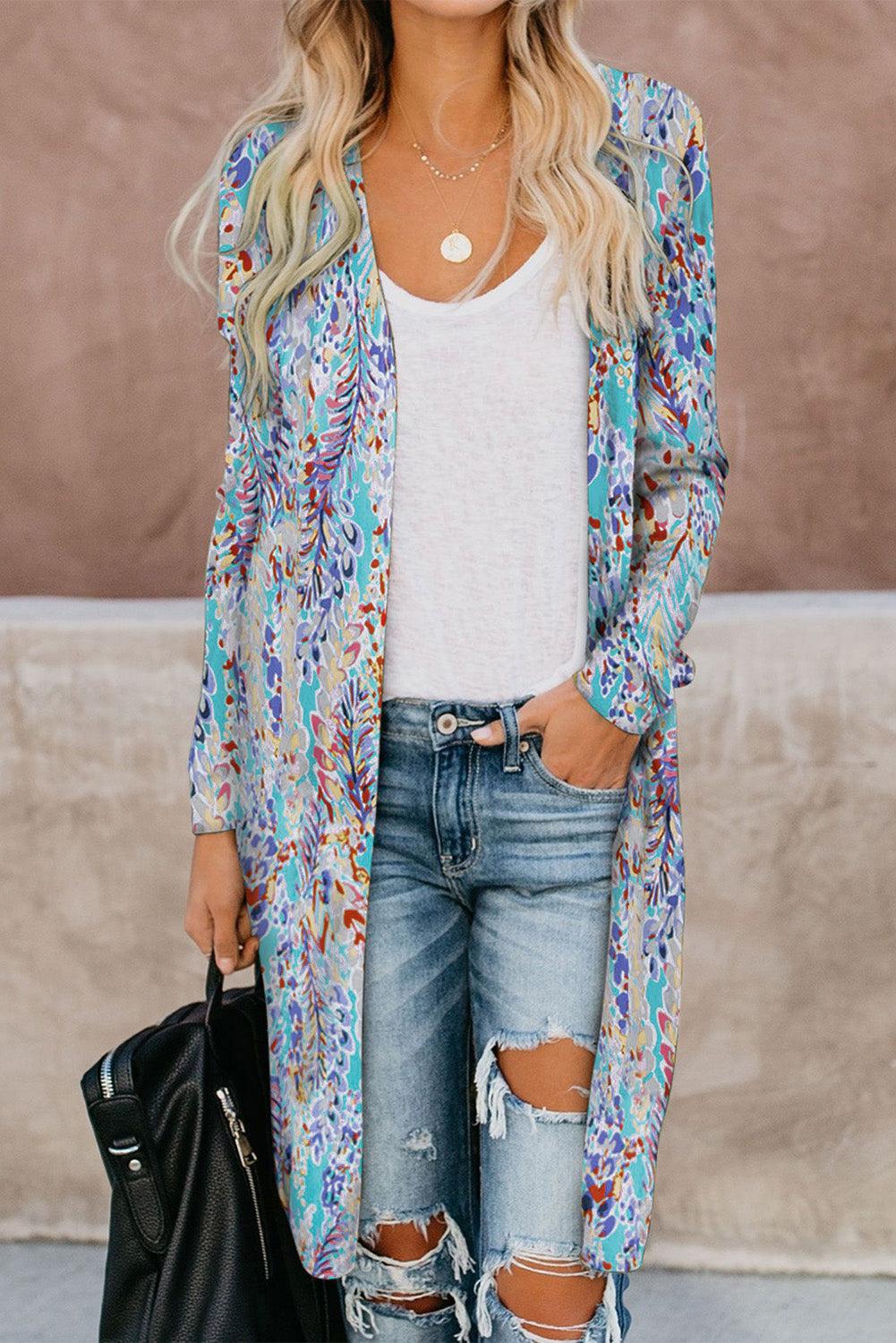 Printed Open Front Longline Cardigan BLUE ZONE PLANET