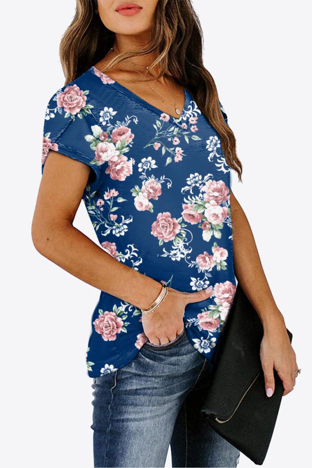 Printed Petal Sleeve V-Neck Blouse BLUE ZONE PLANET