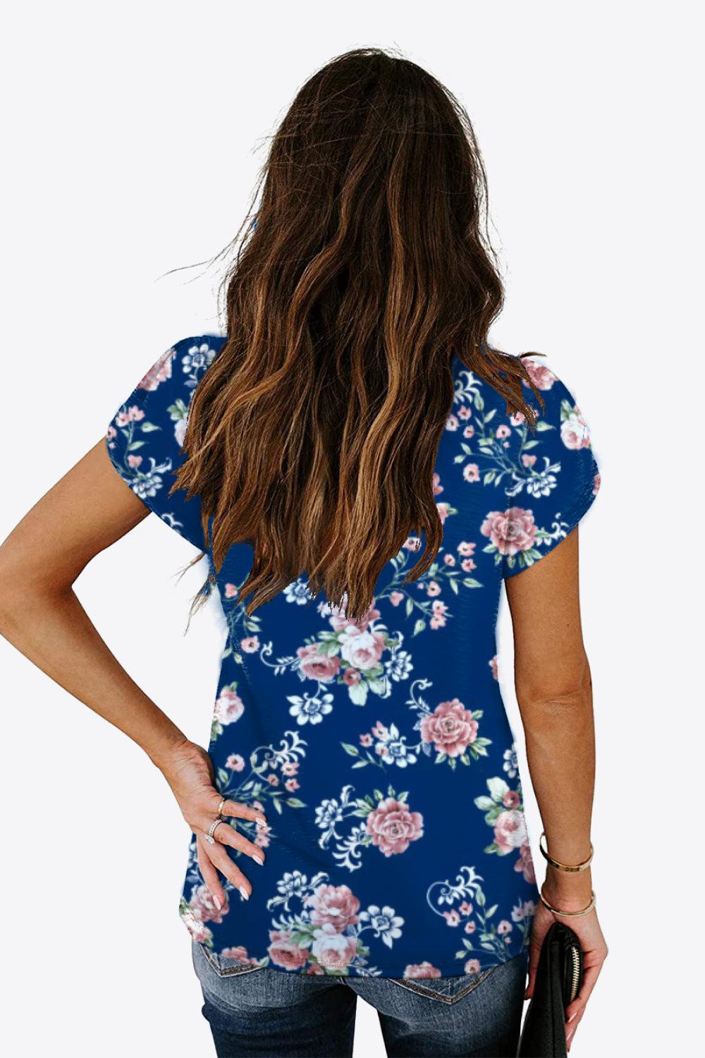 Printed Petal Sleeve V-Neck Blouse BLUE ZONE PLANET