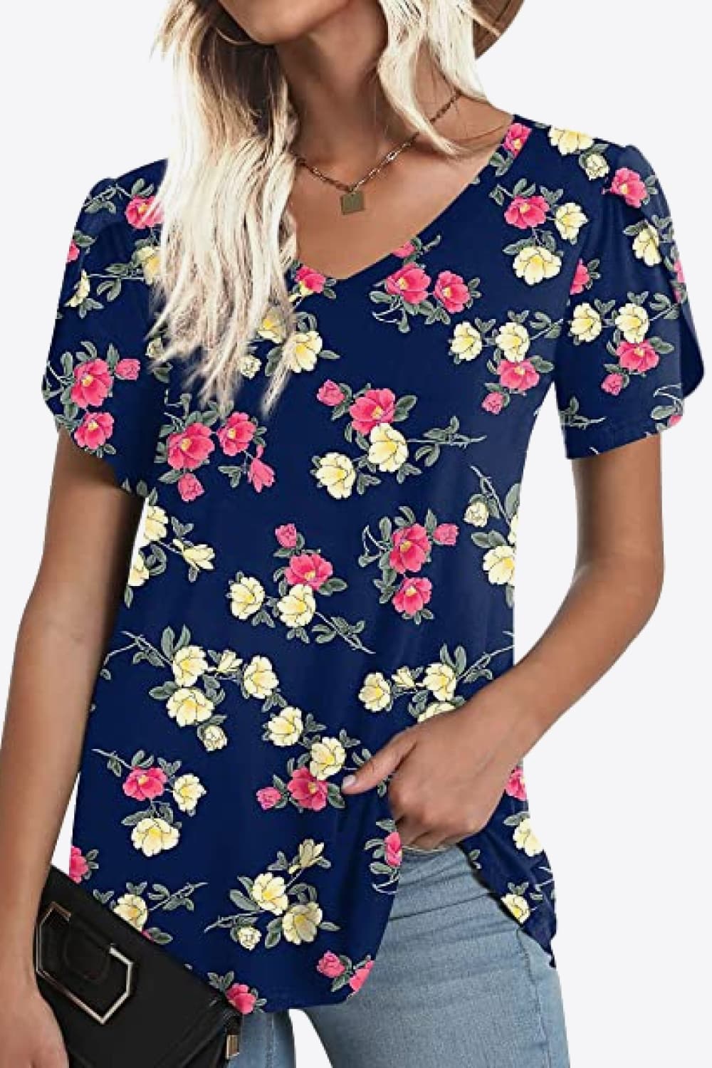 Printed Petal Sleeve V-Neck Blouse BLUE ZONE PLANET