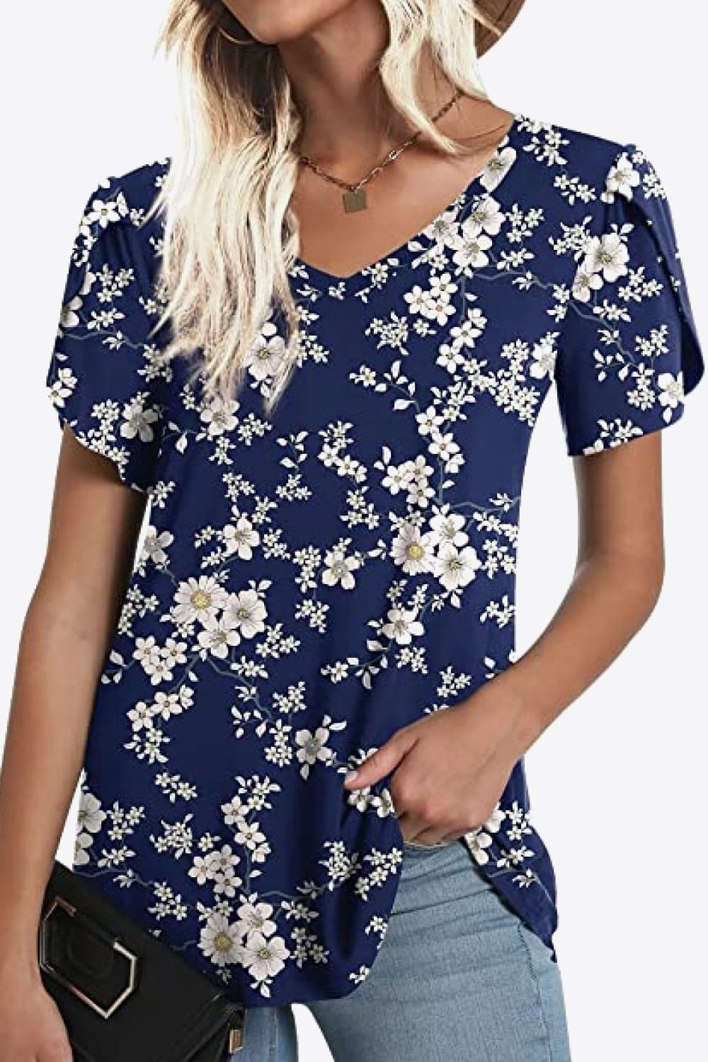 Printed Petal Sleeve V-Neck Blouse BLUE ZONE PLANET