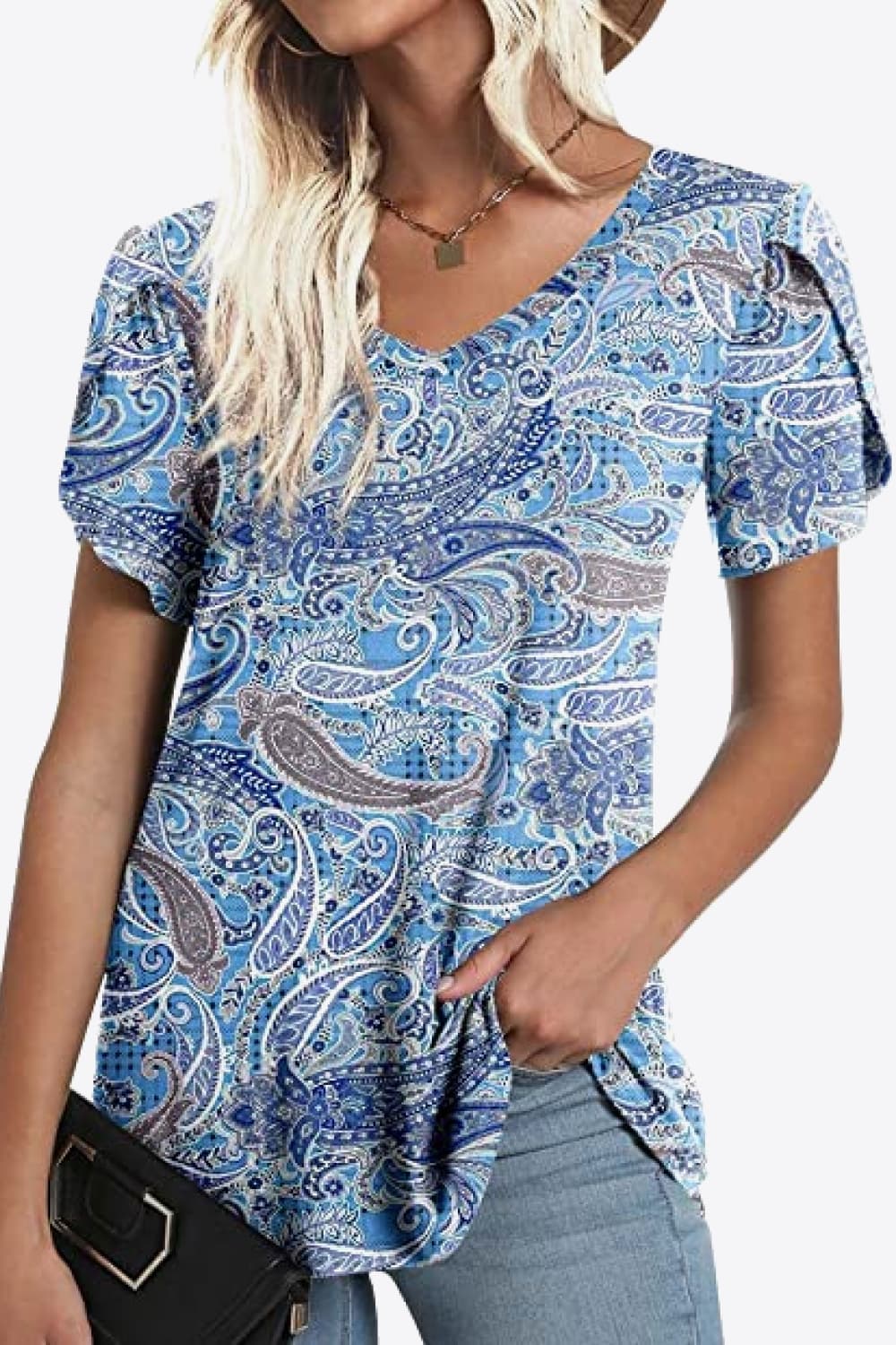 Printed Petal Sleeve V-Neck Blouse BLUE ZONE PLANET