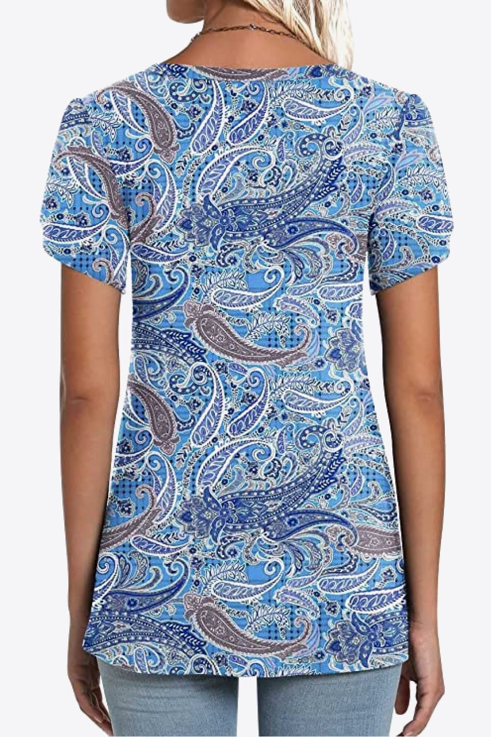 Printed Petal Sleeve V-Neck Blouse BLUE ZONE PLANET