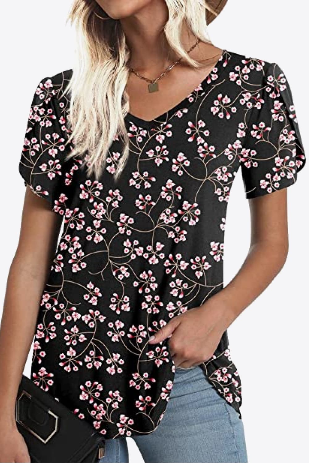 Printed Petal Sleeve V-Neck Blouse BLUE ZONE PLANET