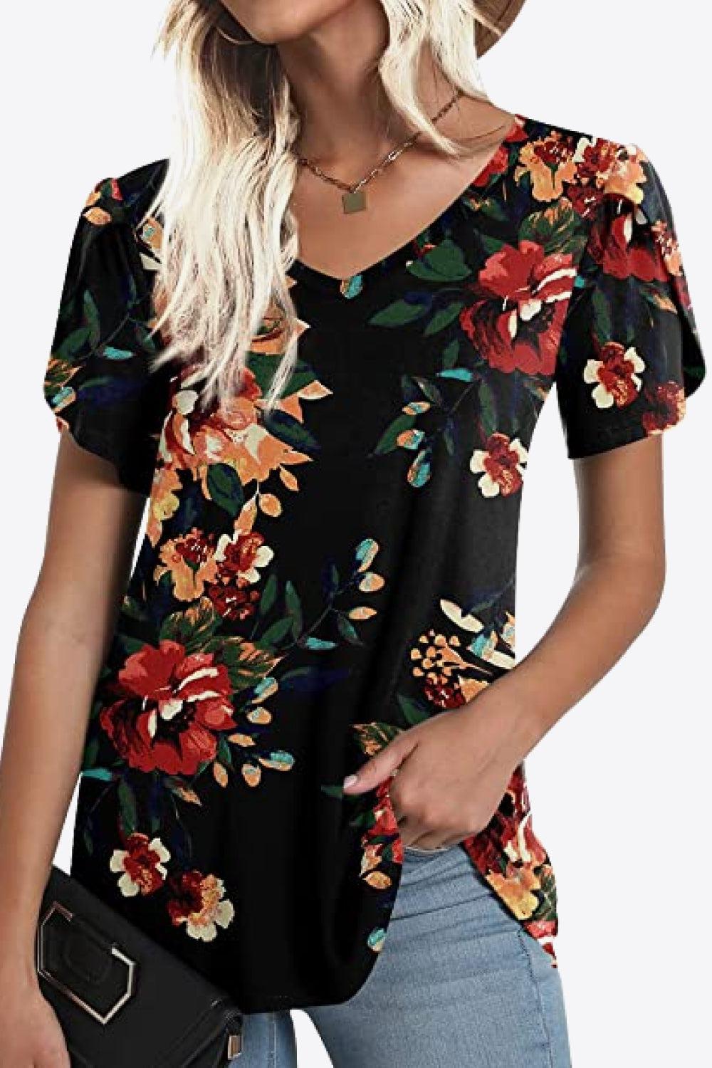 Printed Petal Sleeve V-Neck Blouse BLUE ZONE PLANET