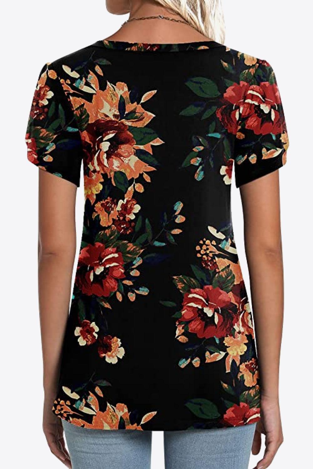 Printed Petal Sleeve V-Neck Blouse BLUE ZONE PLANET