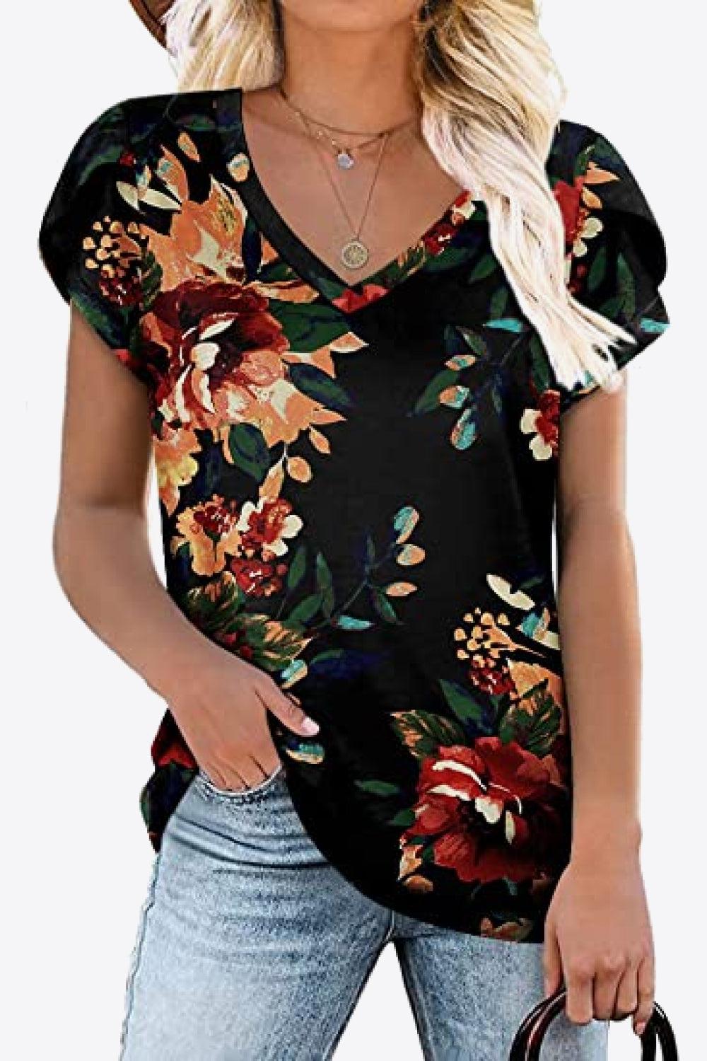 Printed Petal Sleeve V-Neck Blouse BLUE ZONE PLANET