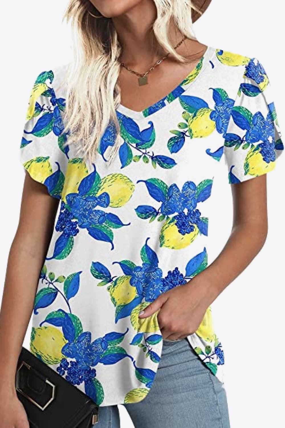 Printed Petal Sleeve V-Neck Blouse BLUE ZONE PLANET