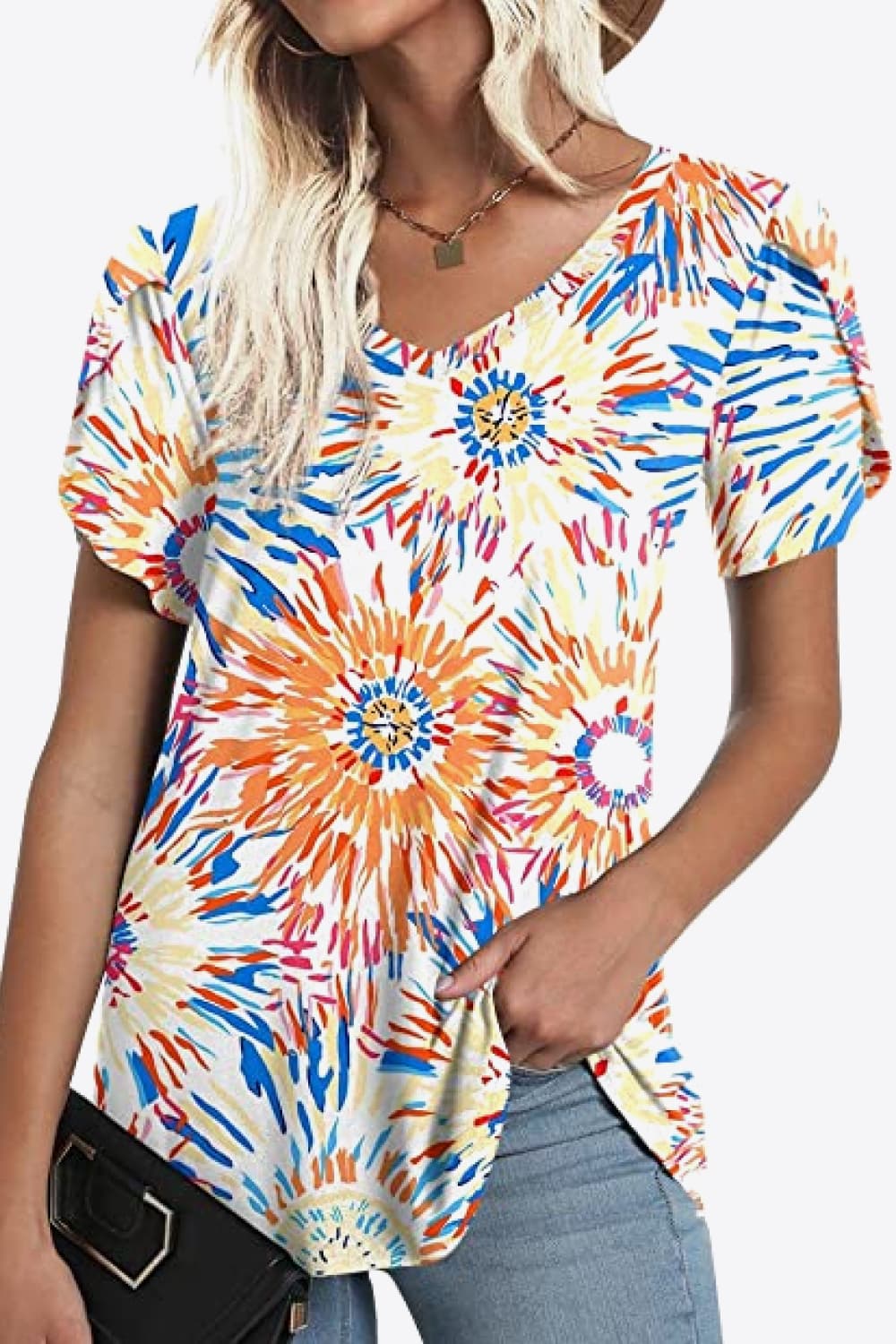 Printed Petal Sleeve V-Neck Blouse BLUE ZONE PLANET