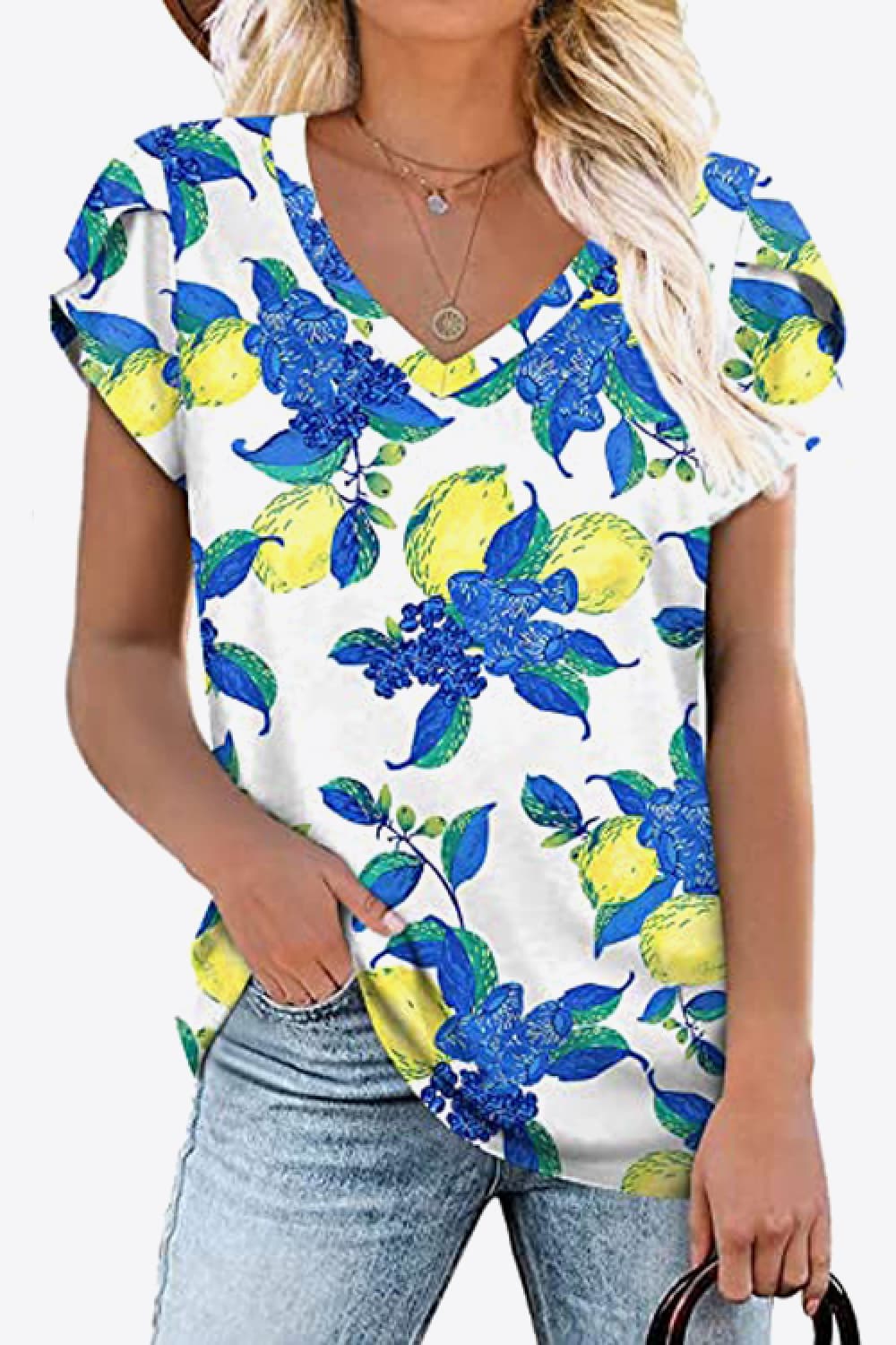 Printed Petal Sleeve V-Neck Blouse BLUE ZONE PLANET