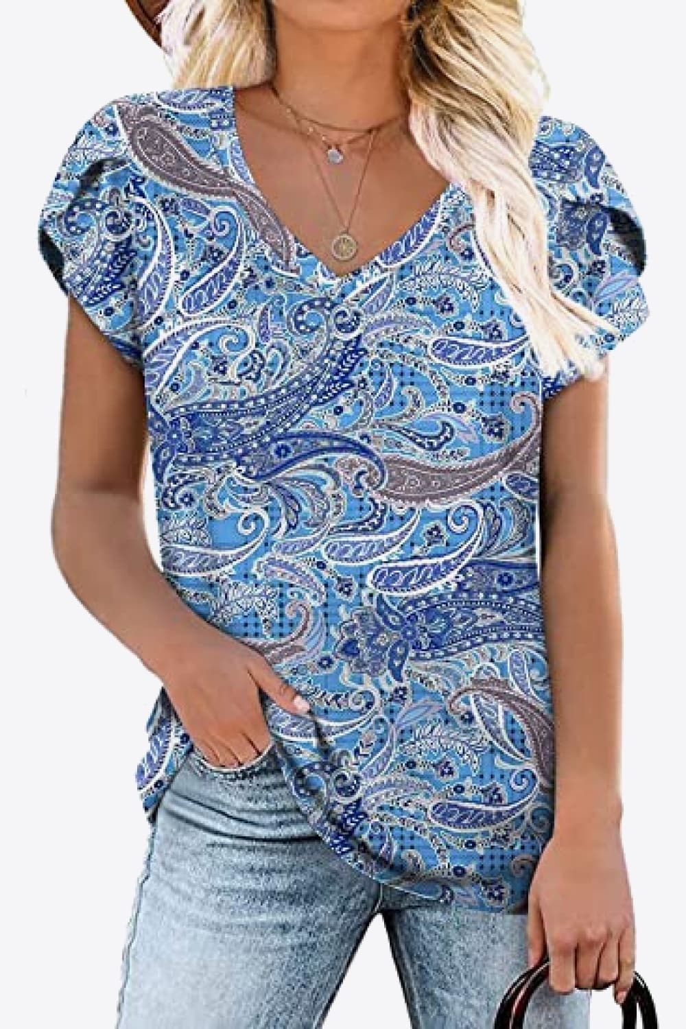 Printed Petal Sleeve V-Neck Blouse BLUE ZONE PLANET