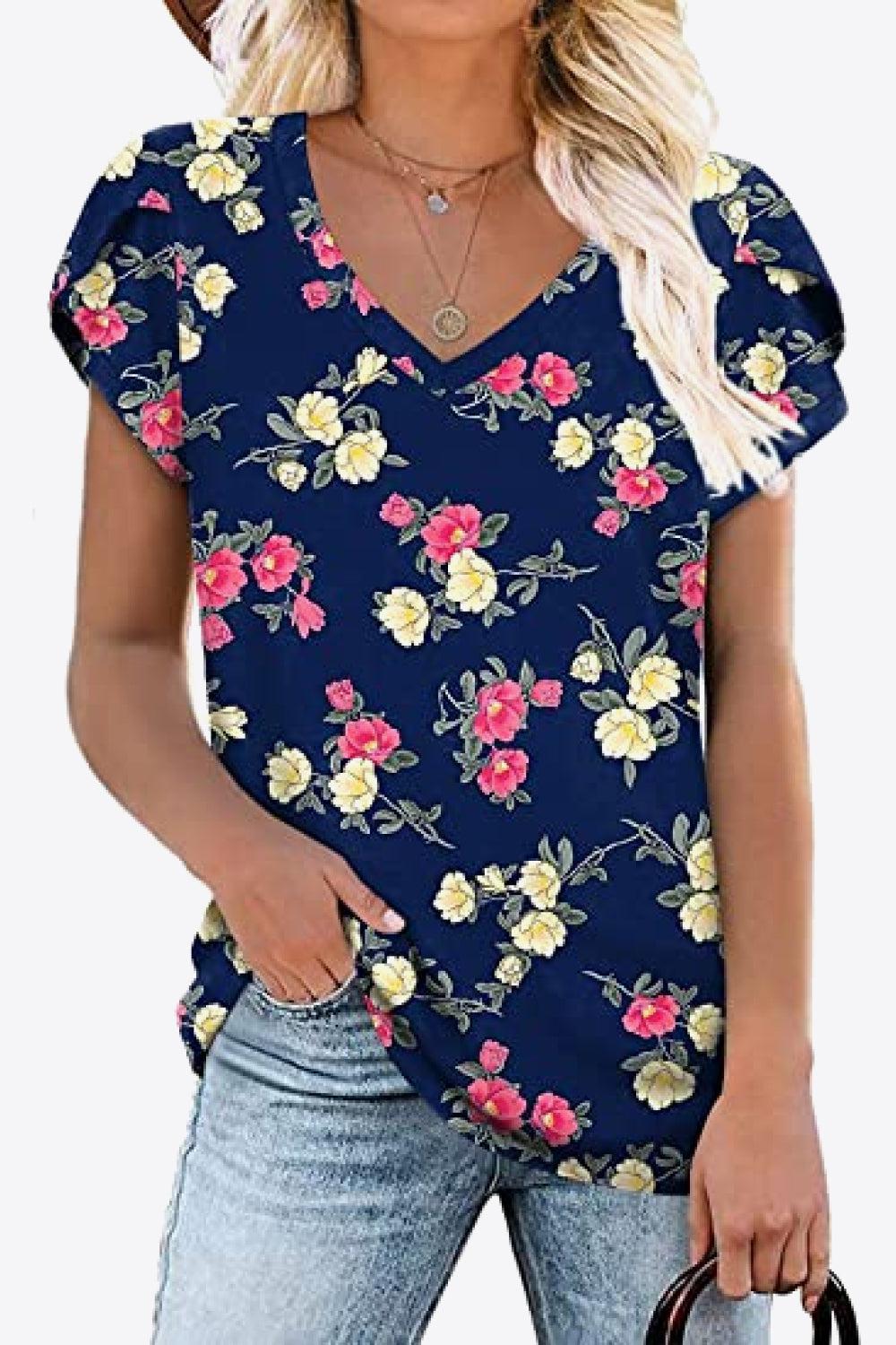 Printed Petal Sleeve V-Neck Blouse BLUE ZONE PLANET